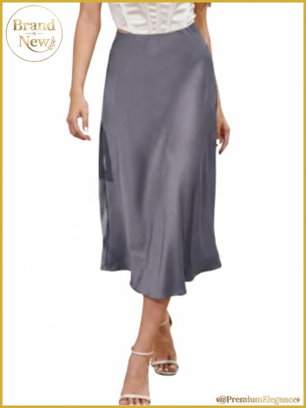 Satin A-Line Midi Skirt High Waisted Flowy Women's